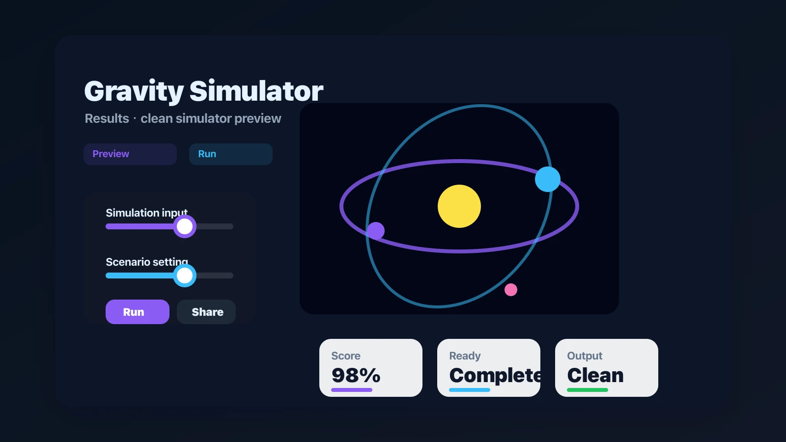 Gravity Simulator preview showing the browser simulator interface and result - Result sharing