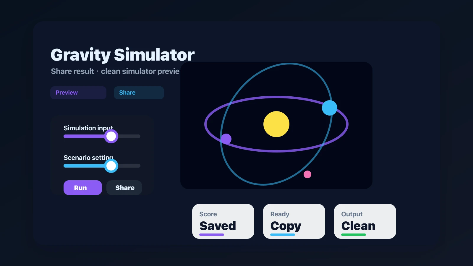 Gravity Simulator preview showing the browser simulator interface and result - sharing result