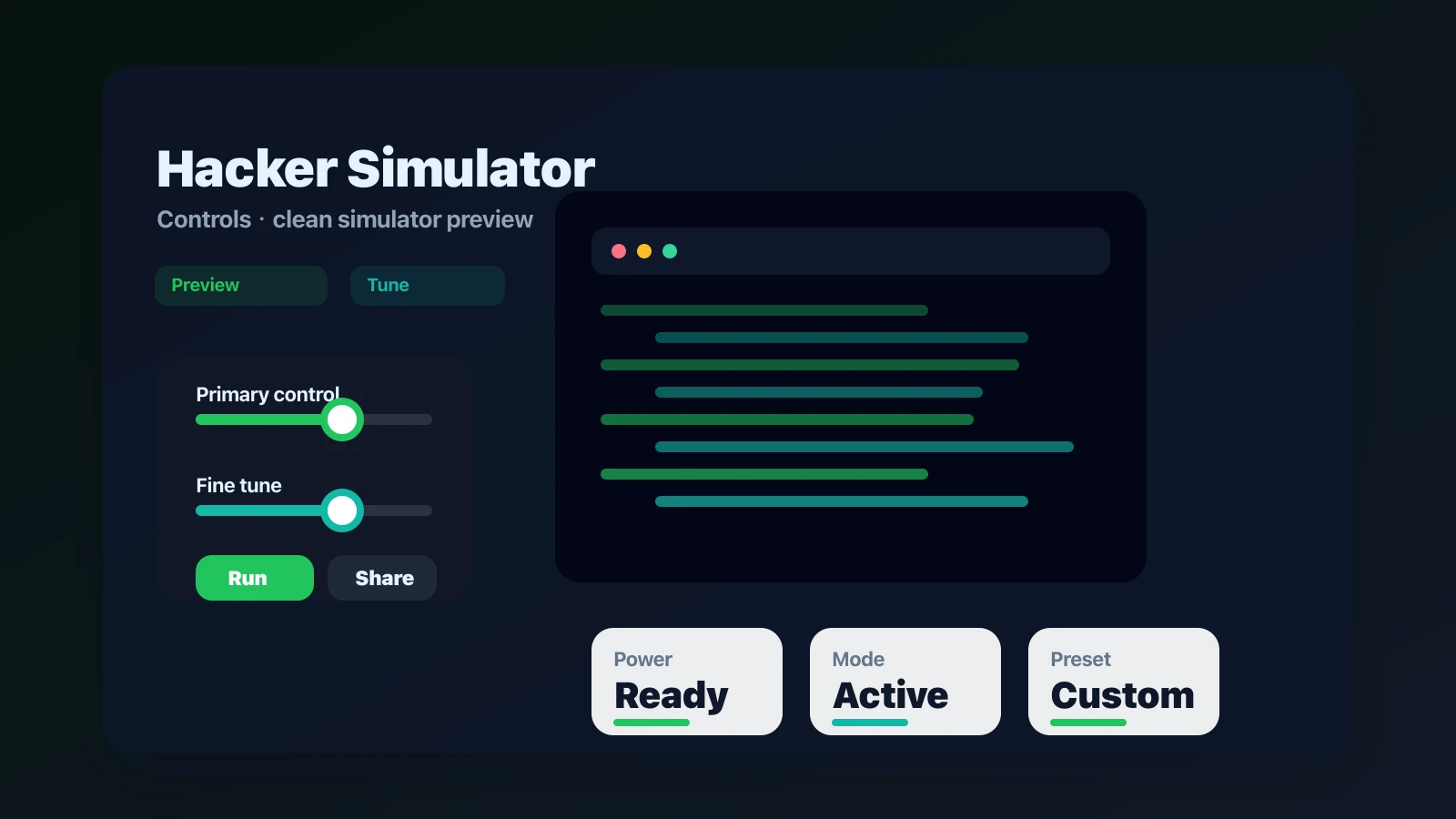 Hacker Simulator preview showing the browser simulator interface and result - Adjustable controls