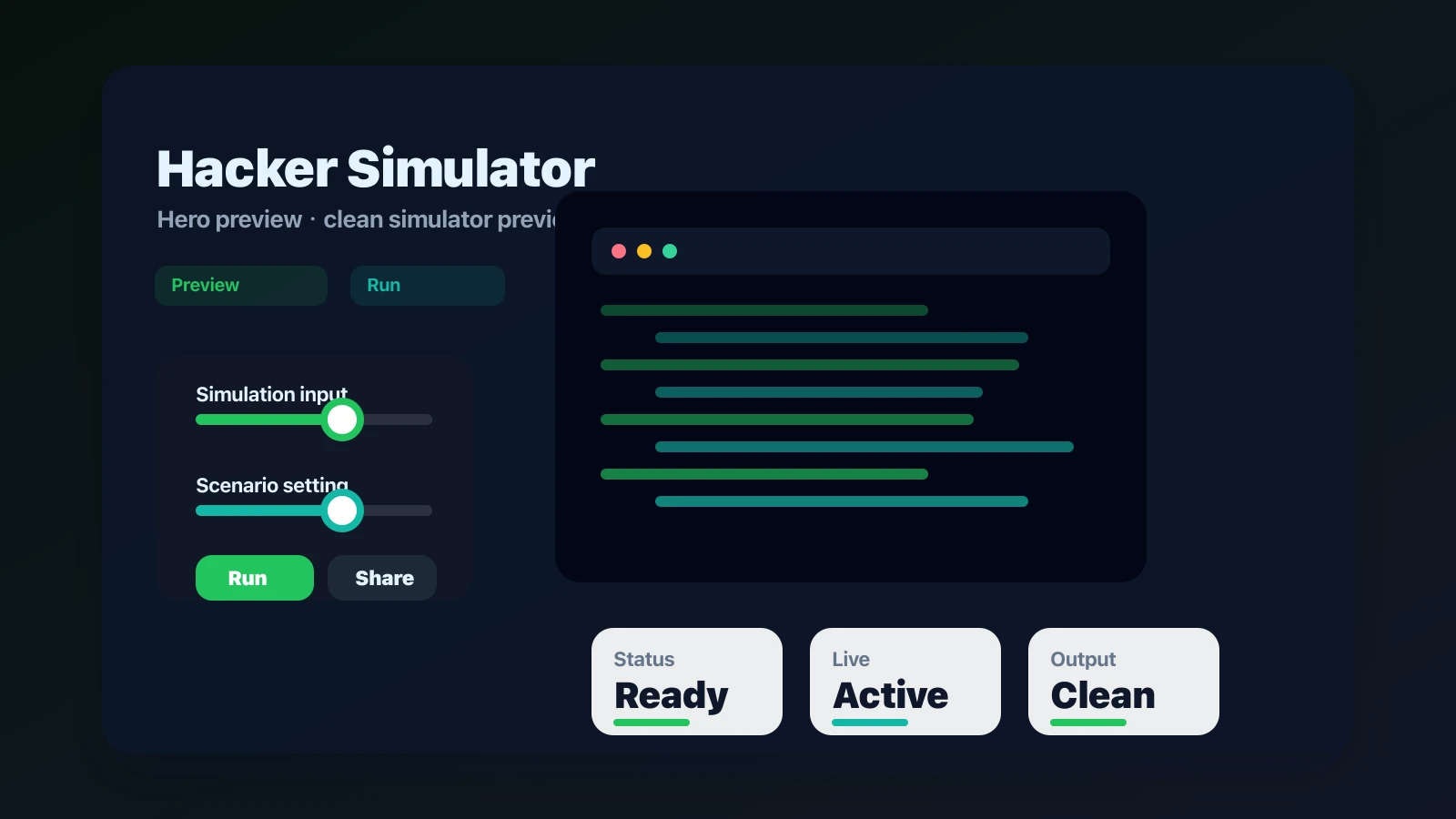 Hacker Simulator preview showing the browser simulator interface and result