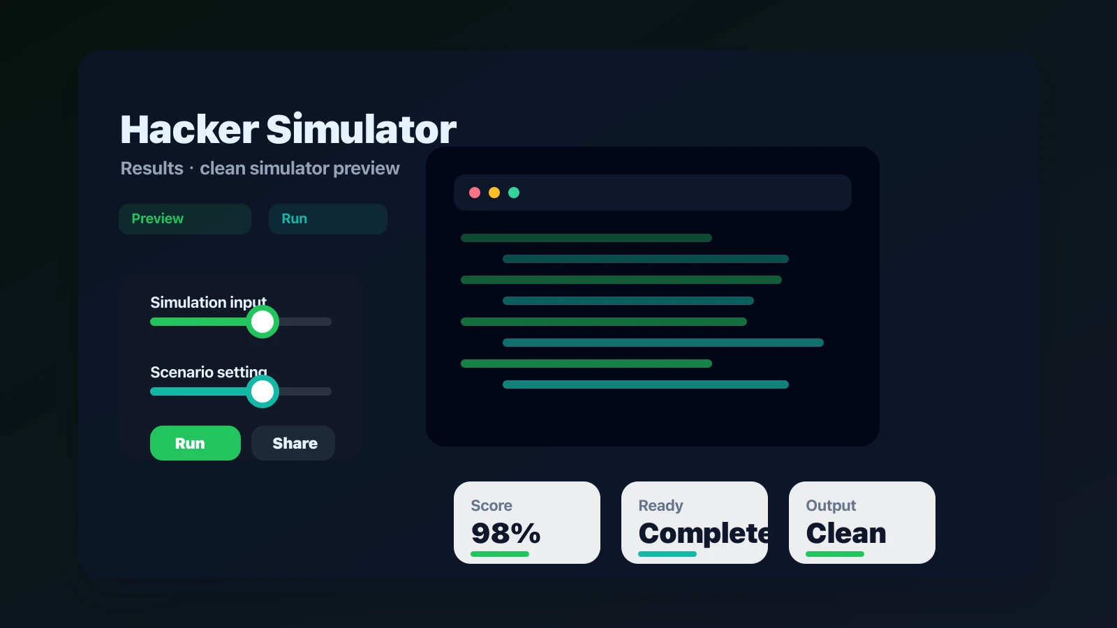 Hacker Simulator preview showing the browser simulator interface and result - Result sharing