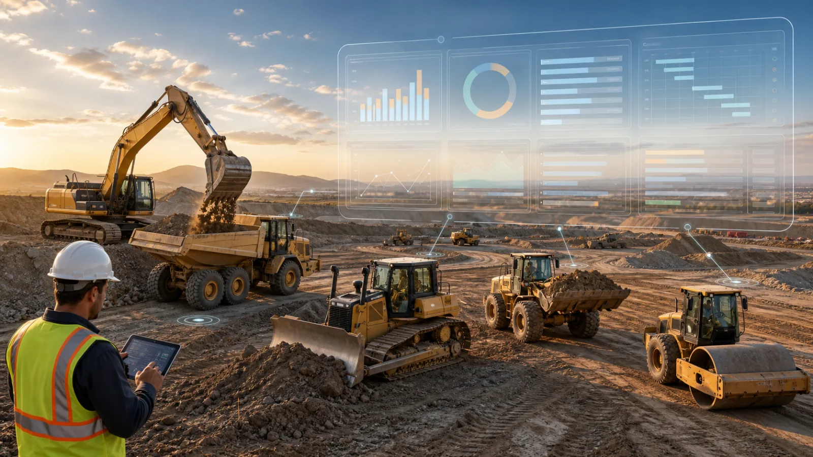 Heavy Equipment Productivity Simulator preview showing construction equipment, productivity charts, fuel cost, utilization, and loss analysis