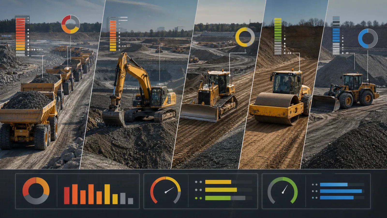 Heavy Equipment Productivity Simulator loss analysis with excavators, trucks, loaders, rollers, and abstract utilization gauges