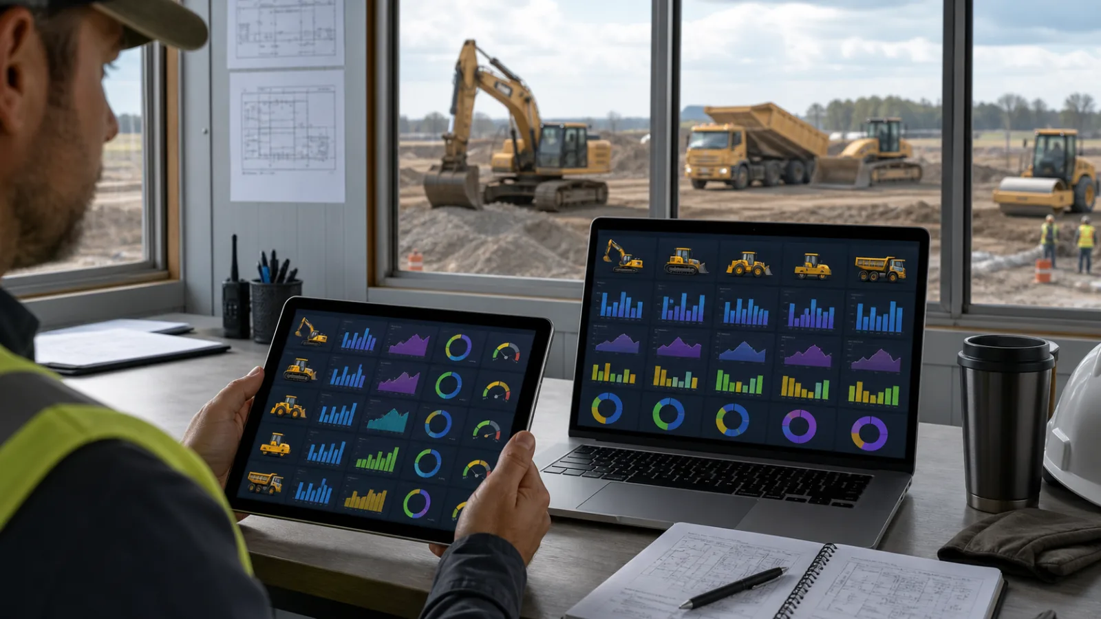 Heavy Equipment Productivity Simulator dashboard showing equipment profiles, hourly output, daily volume, fuel cost, and utilization