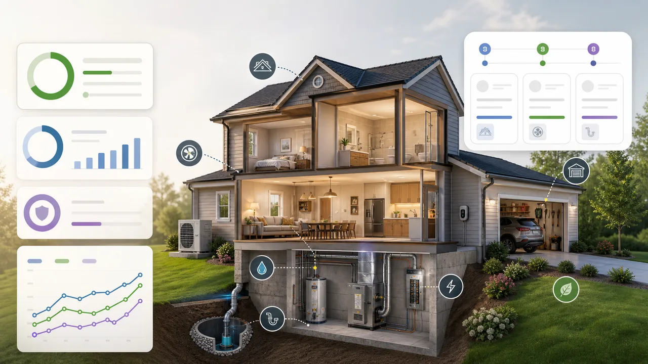 Home Maintenance Budget Simulator preview showing annual reserves, monthly savings targets, system risk scores, repair timeline, and checklist
