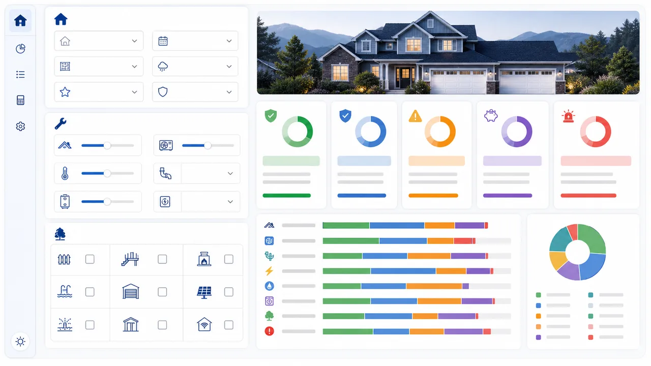 Home Maintenance Budget Simulator dashboard with annual reserve, monthly target, category split, and equipment risk cards