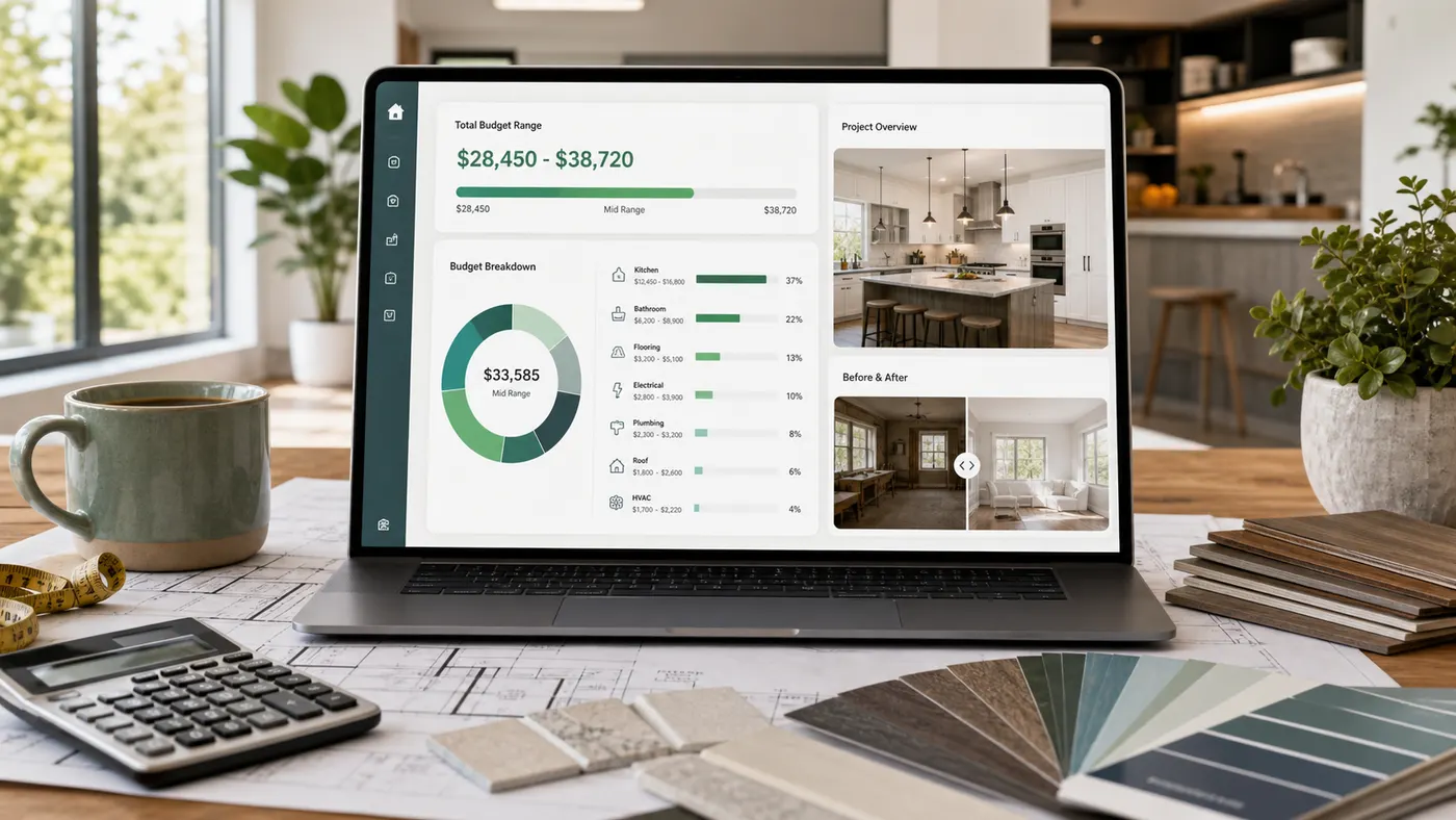 Home Renovation Budget Simulator preview showing renovation project switches, cost ranges, breakdown charts, and budget report