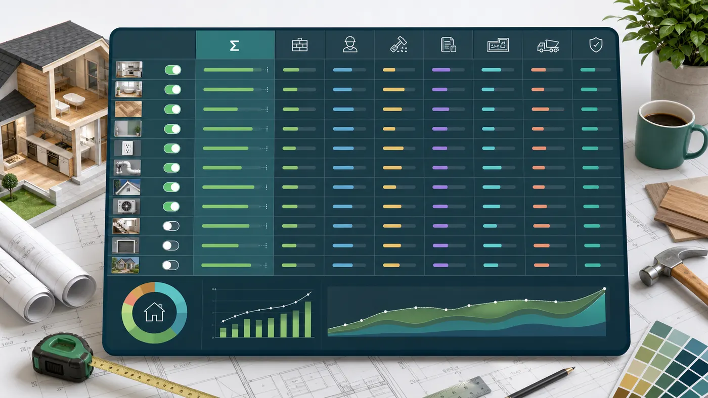 Home Renovation Budget Simulator project switchboard with renovation cost toggles and category bars