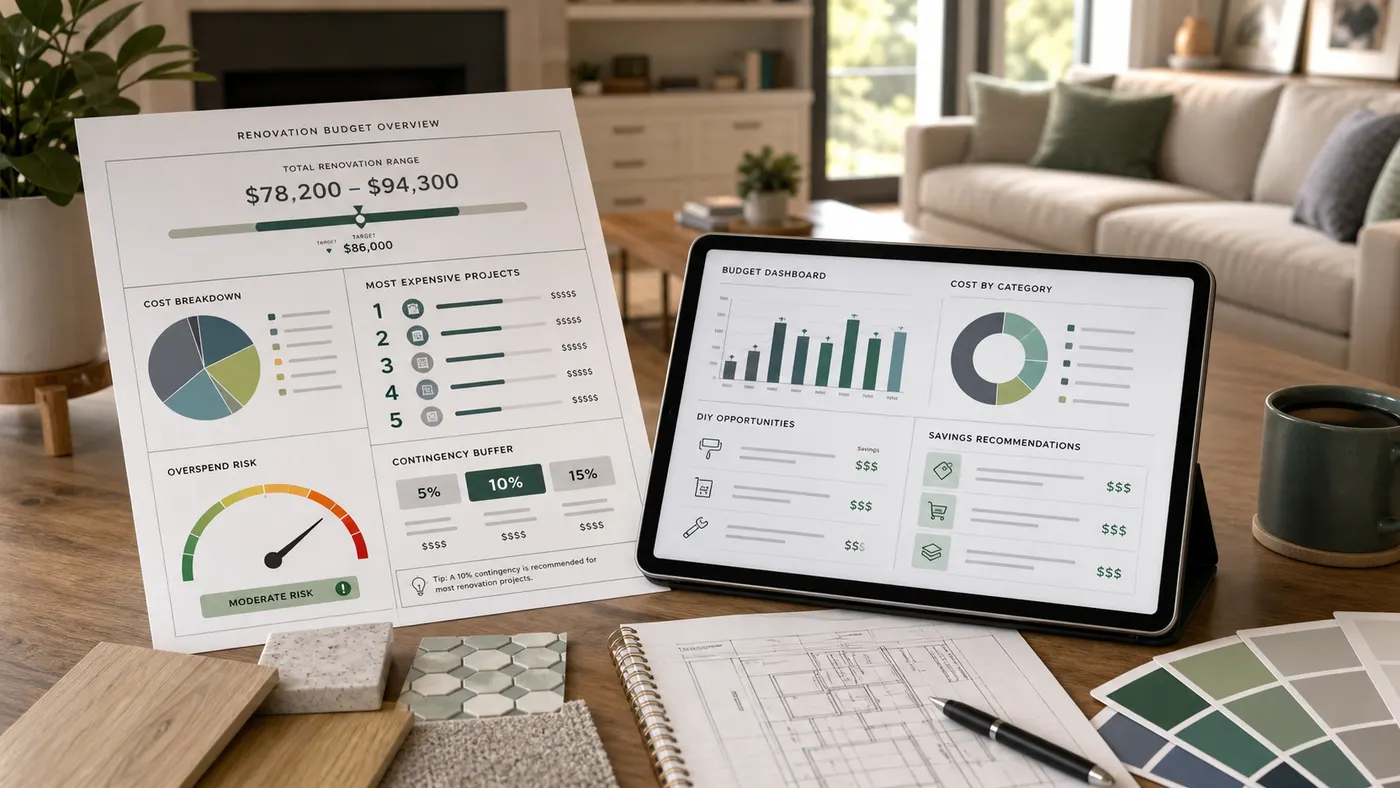 Home Renovation Budget Simulator report with ranked costs, contingency gauge, DIY ideas, and savings recommendations