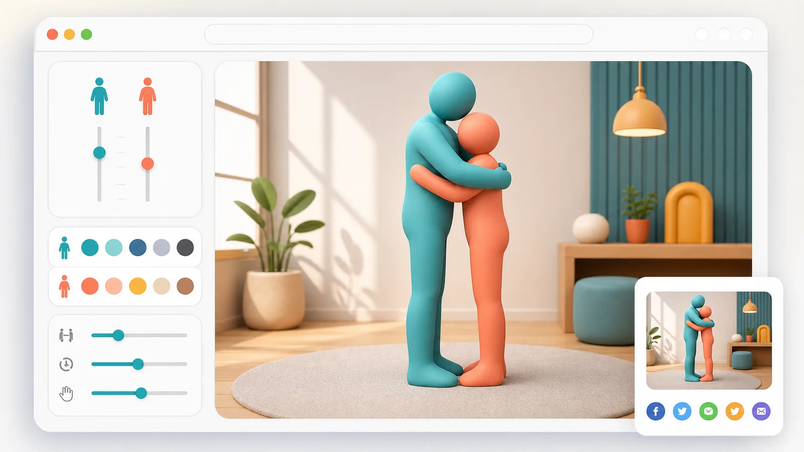 Hug Simulator preview showing two stylized people, height controls, hug pose, and sharing