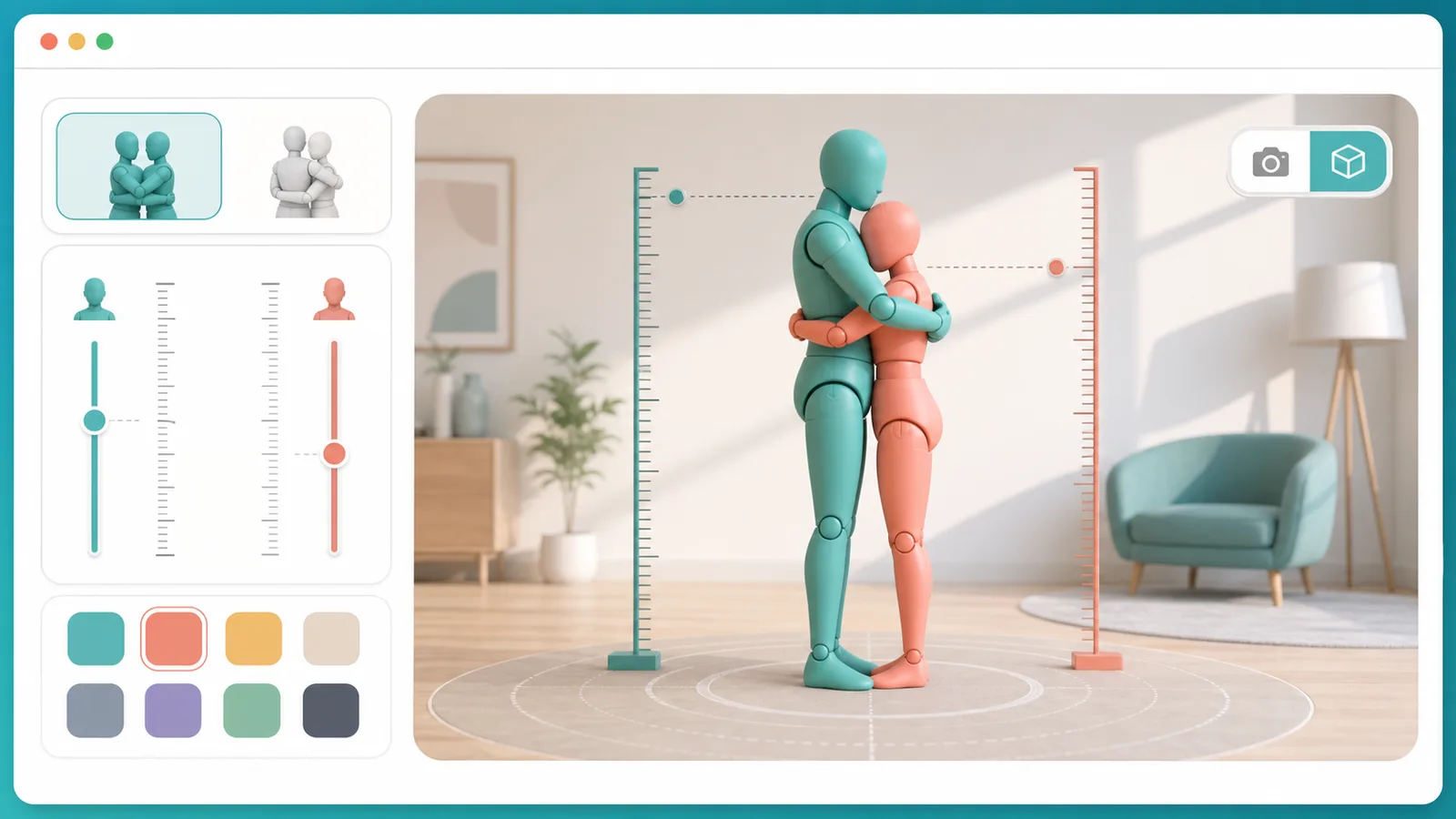 Hug Simulator overview showing height controls, front hug, back hug, and viewpoint options