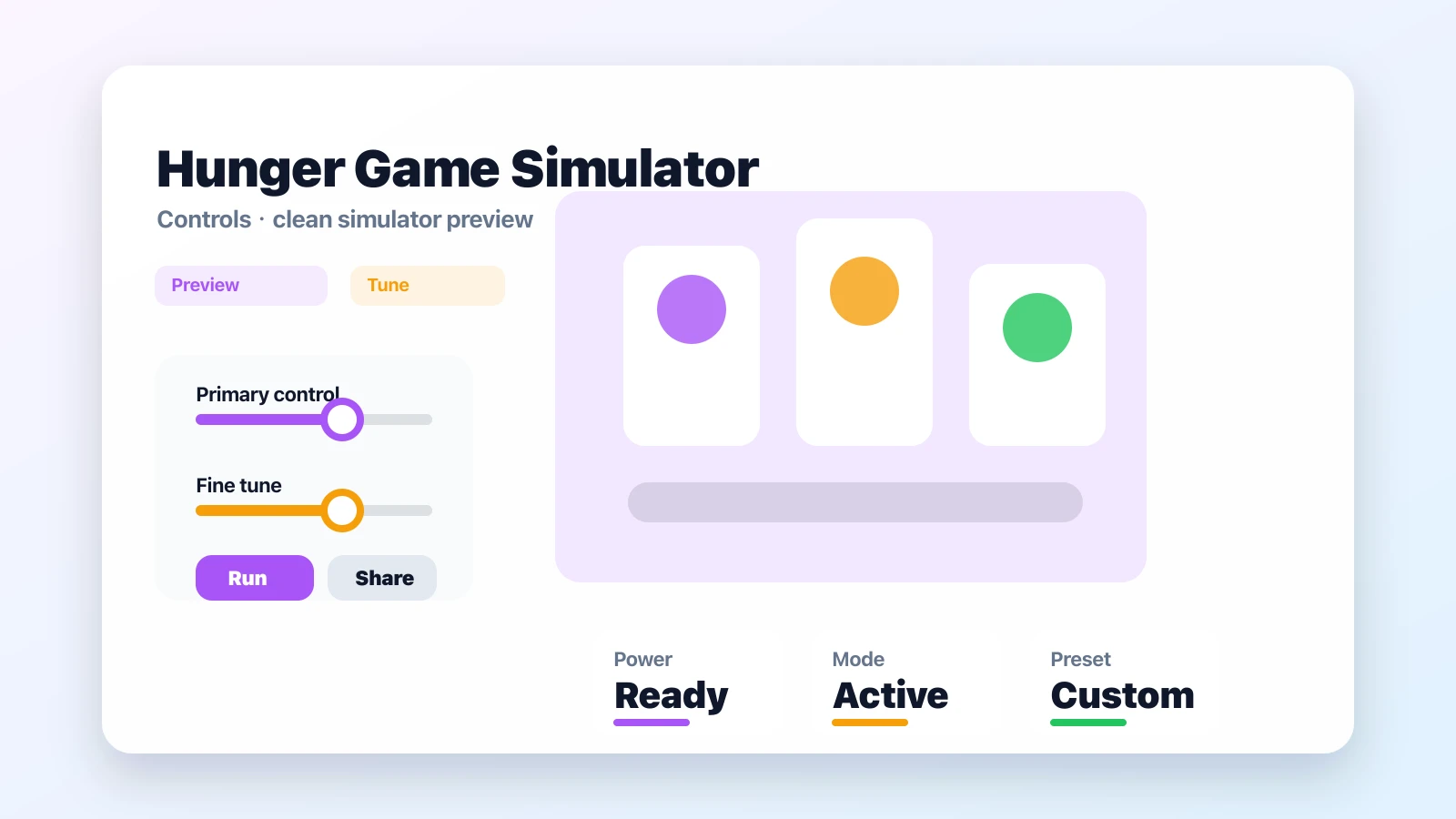 Hunger Game Simulator preview showing the browser simulator interface and result - Adjustable controls