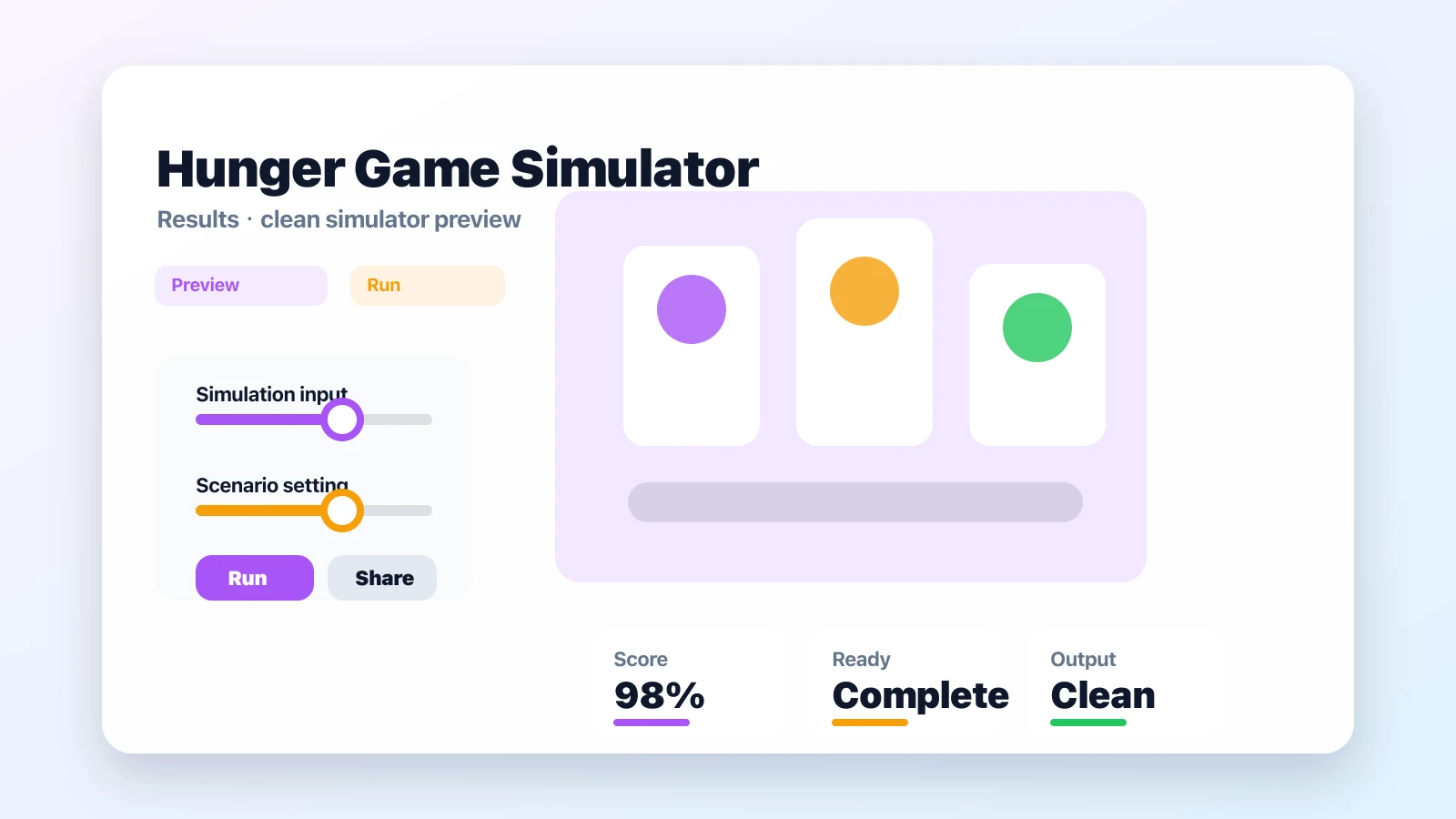 Hunger Game Simulator preview showing the browser simulator interface and result - Result sharing