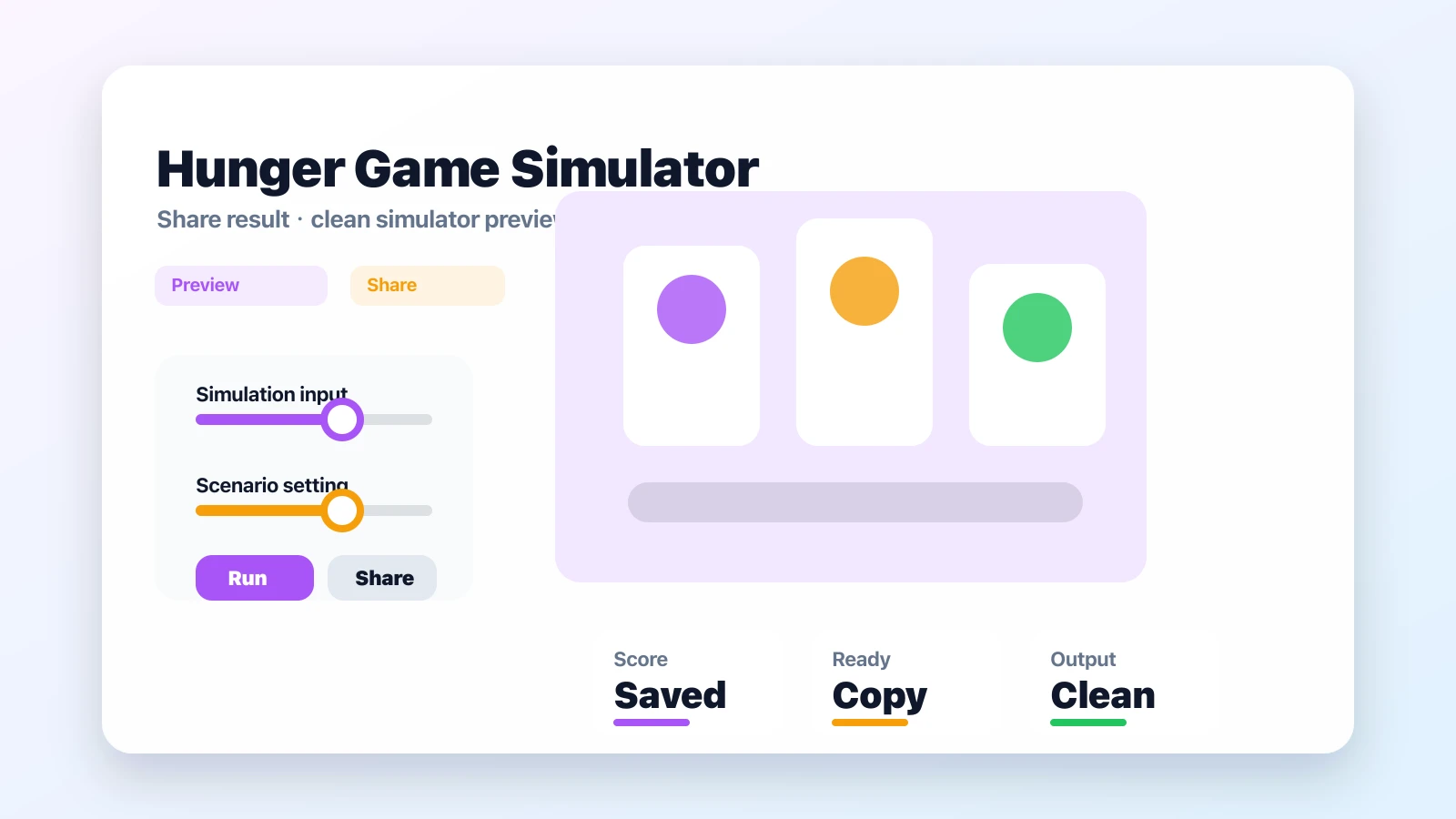 Hunger Game Simulator preview showing the browser simulator interface and result - sharing result