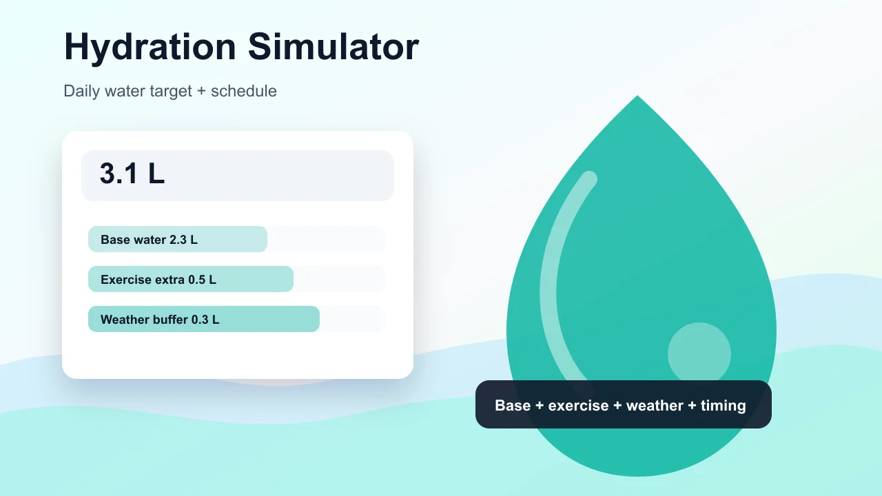 Hydration Simulator preview showing water intake controls, base water, exercise hydration, and a daily drinking schedule