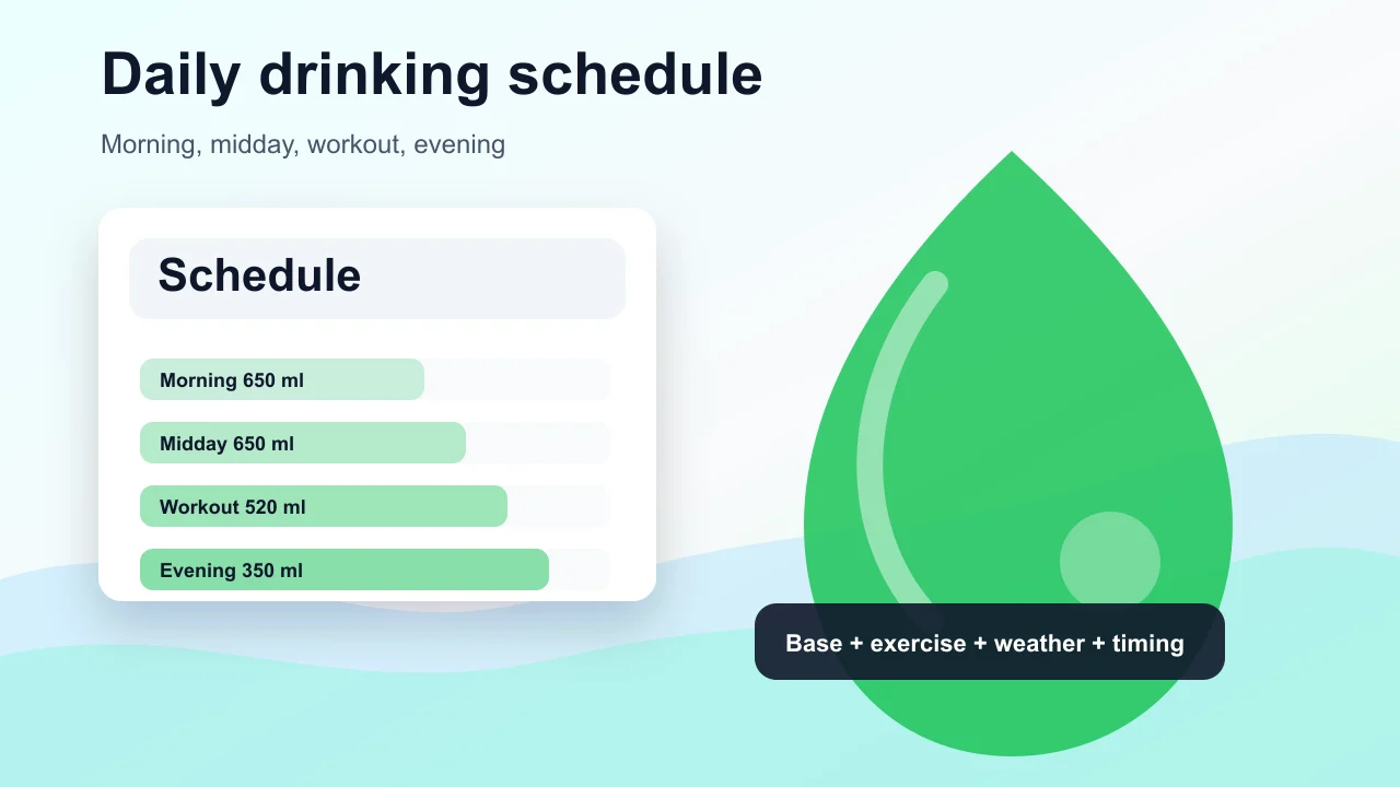 Hydration Simulator daily schedule with morning, midday, workout, recovery, and evening water amounts