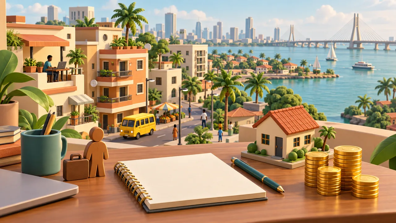 Original Lagos Life planning illustration with a coastal neighborhood, a home model and game tokens