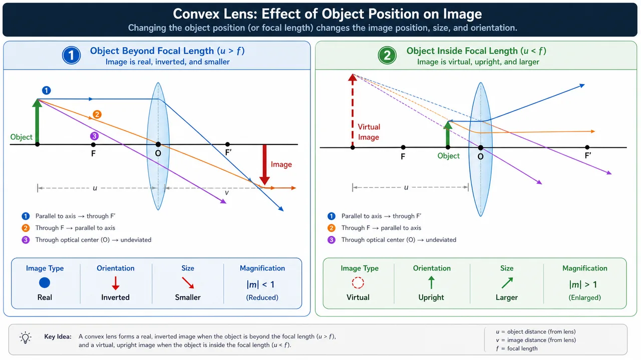 Lens Simulator comparison of a real inverted image and a virtual upright image with ray diagrams