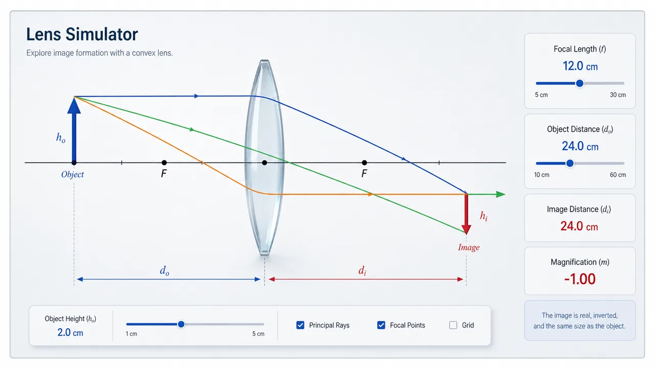 Lens Simulator preview showing a thin lens ray diagram, object arrow, image arrow, focal points, and calculation controls