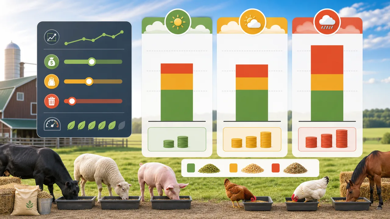 Livestock Feed Cost Simulator comparison image showing feed price, supplement feed, waste rate, and total cost scenarios