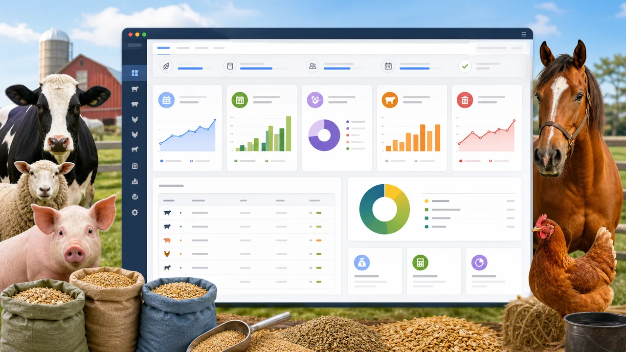 Livestock Feed Cost Simulator preview showing cattle, sheep, pig, chicken, horse, feed bags, grain, and cost charts