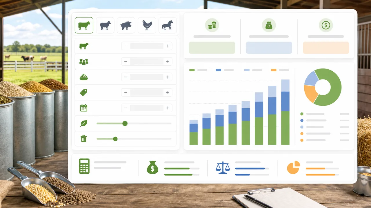 Livestock Feed Cost Simulator dashboard with livestock types, feed intake, feed price, supplement ratio, and waste controls