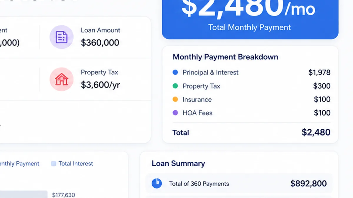 Mortgage Simulator comparison showing 15 year, 20 year, and 30 year monthly payment and interest cost