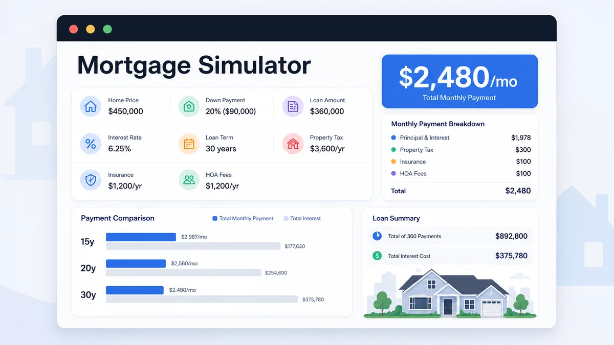 Mortgage Simulator preview showing payment breakdown, loan amount, total interest, and 15 20 30 year comparison