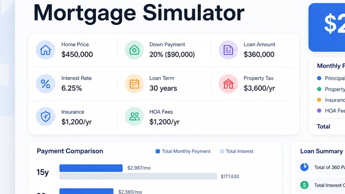 Mortgage Simulator purchase setup showing home price, down payment, loan amount, interest rate, tax, insurance, and HOA inputs