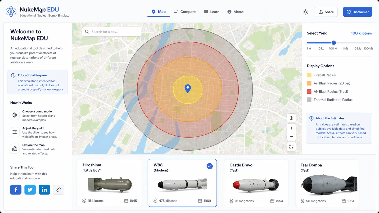 Nuclear Bomb Simulator preview showing the bomb comparison map and results