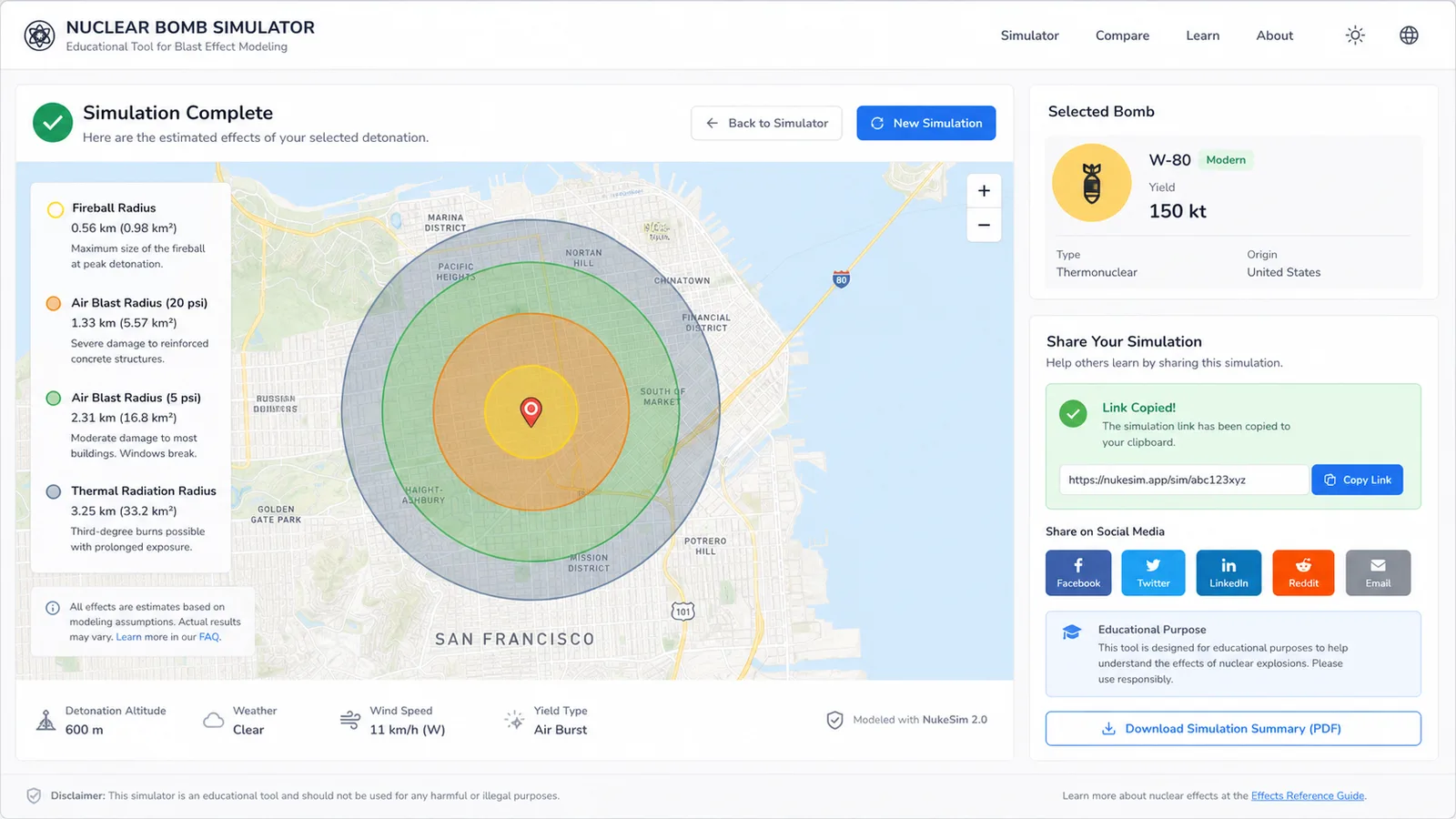 Nuclear Bomb Simulator share-ready result map with social sharing controls