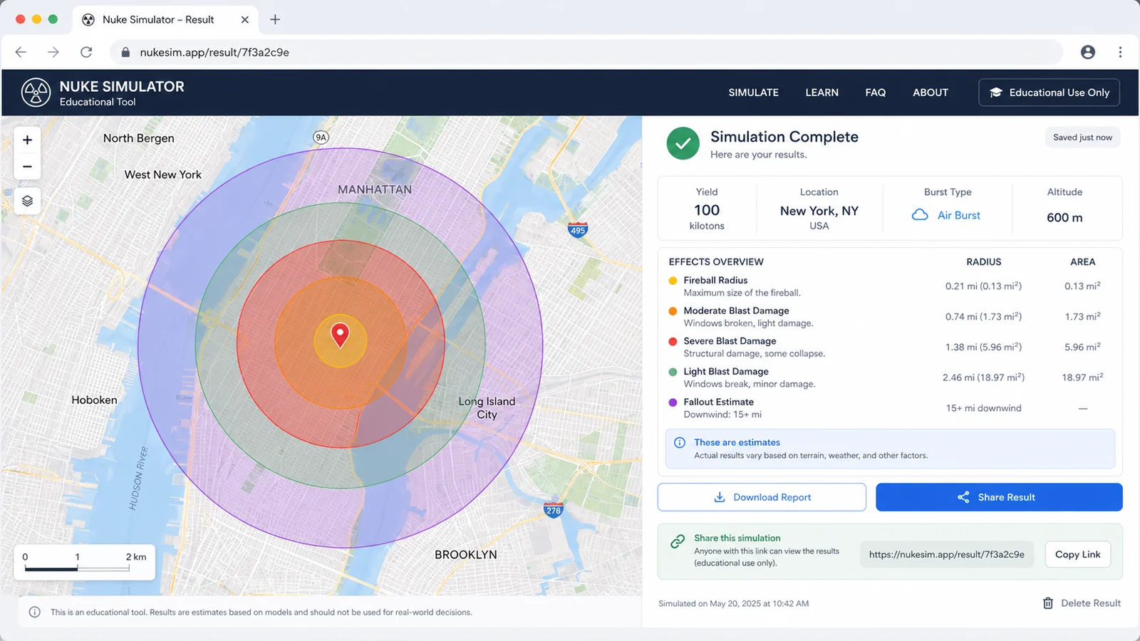 Nuke Simulator preview showing the browser simulator interface and result - sharing result