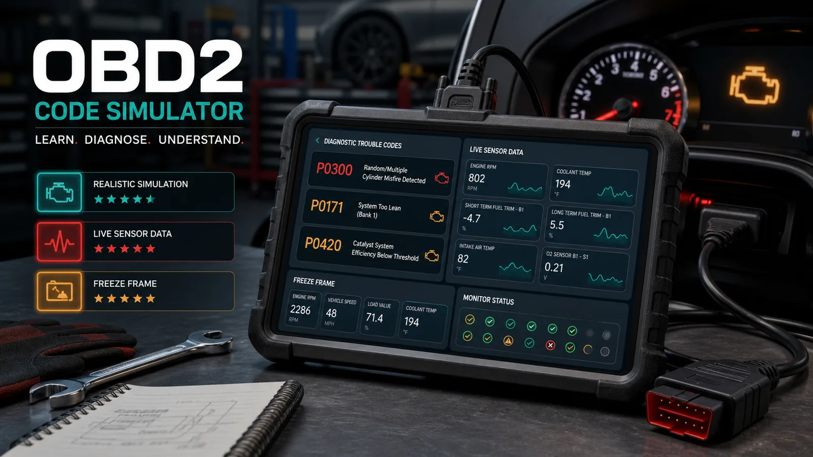 OBD2 Code Simulator preview showing a virtual scan tool with trouble codes, freeze frame data, live readings, and diagnostic score