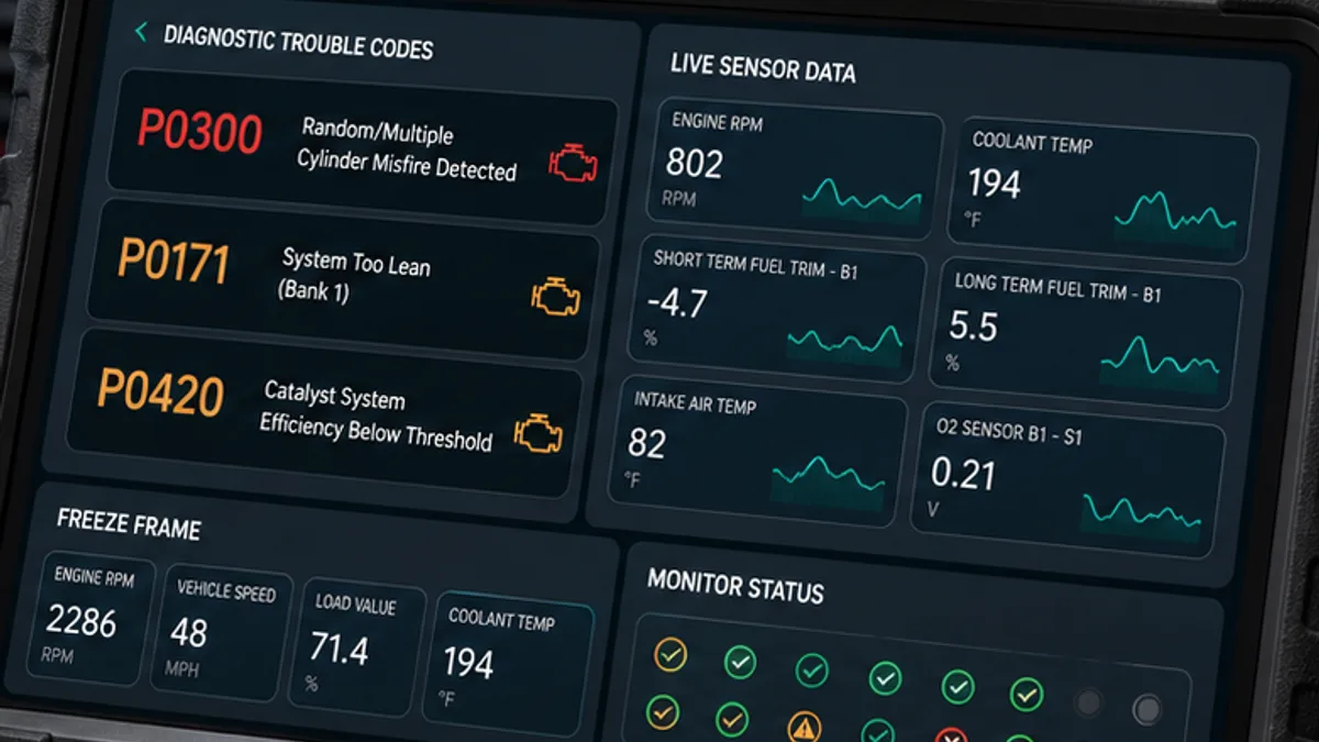 OBD2 Code Simulator live data dashboard showing sensor readings and diagnostic scoring