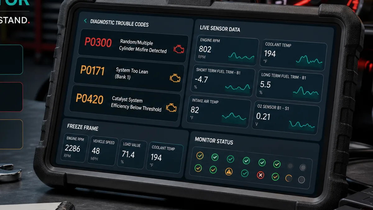 OBD2 Code Simulator scanner screen with codes, freeze frame data, and vehicle symptoms