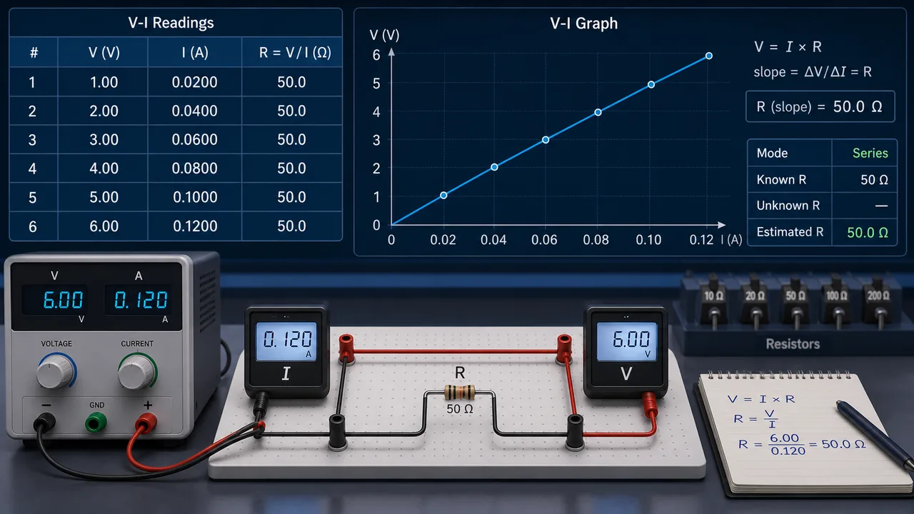 Ohm’s Law Lab Simulator V-I graph with voltage current readings, circuit meters, and resistance calculation