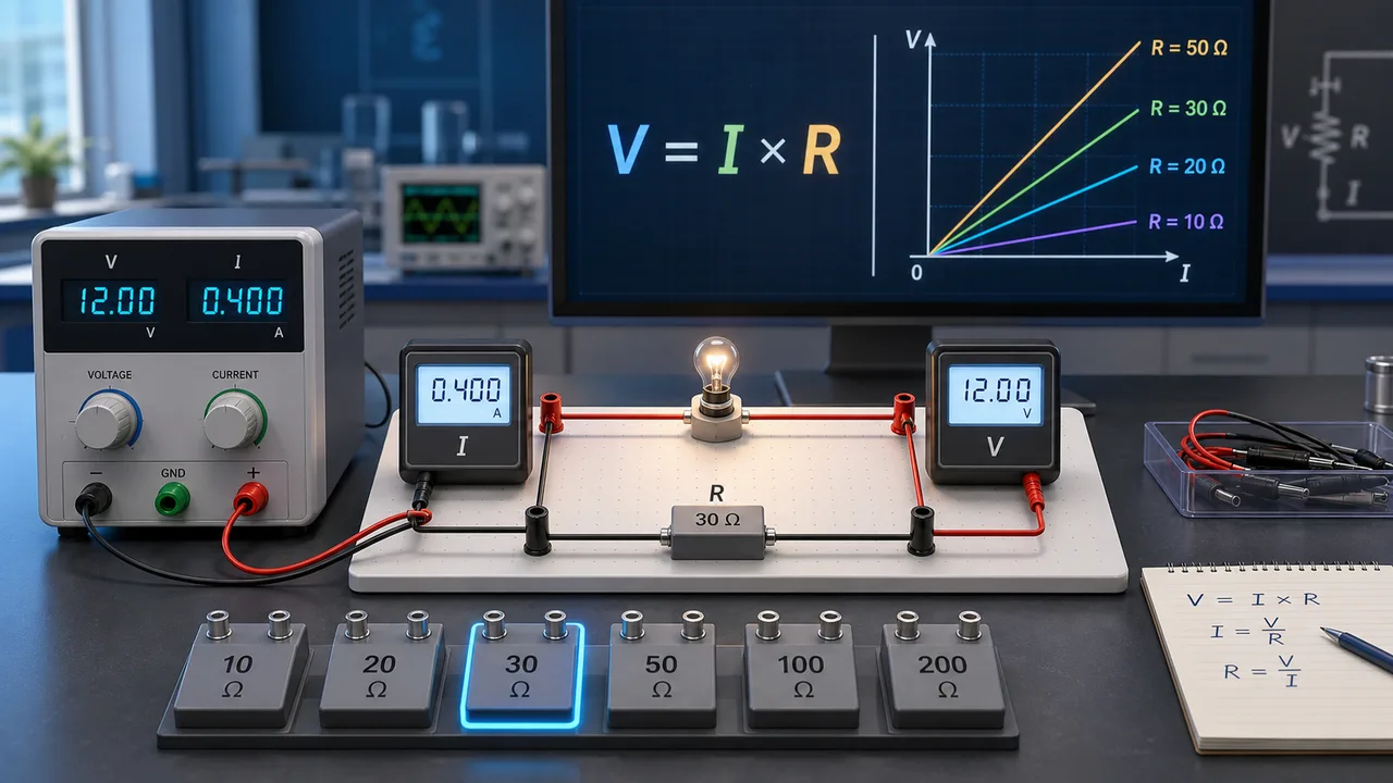 Ohm’s Law Lab Simulator preview showing a circuit board, power supply, ammeter, voltmeter, bulb, and V-I graph