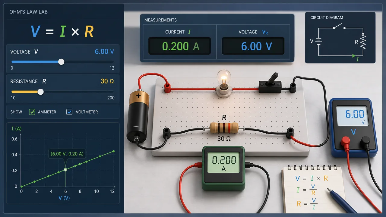 Ohm’s Law Lab Simulator interface with voltage slider, resistor controls, ammeter, voltmeter, bulb, and circuit board