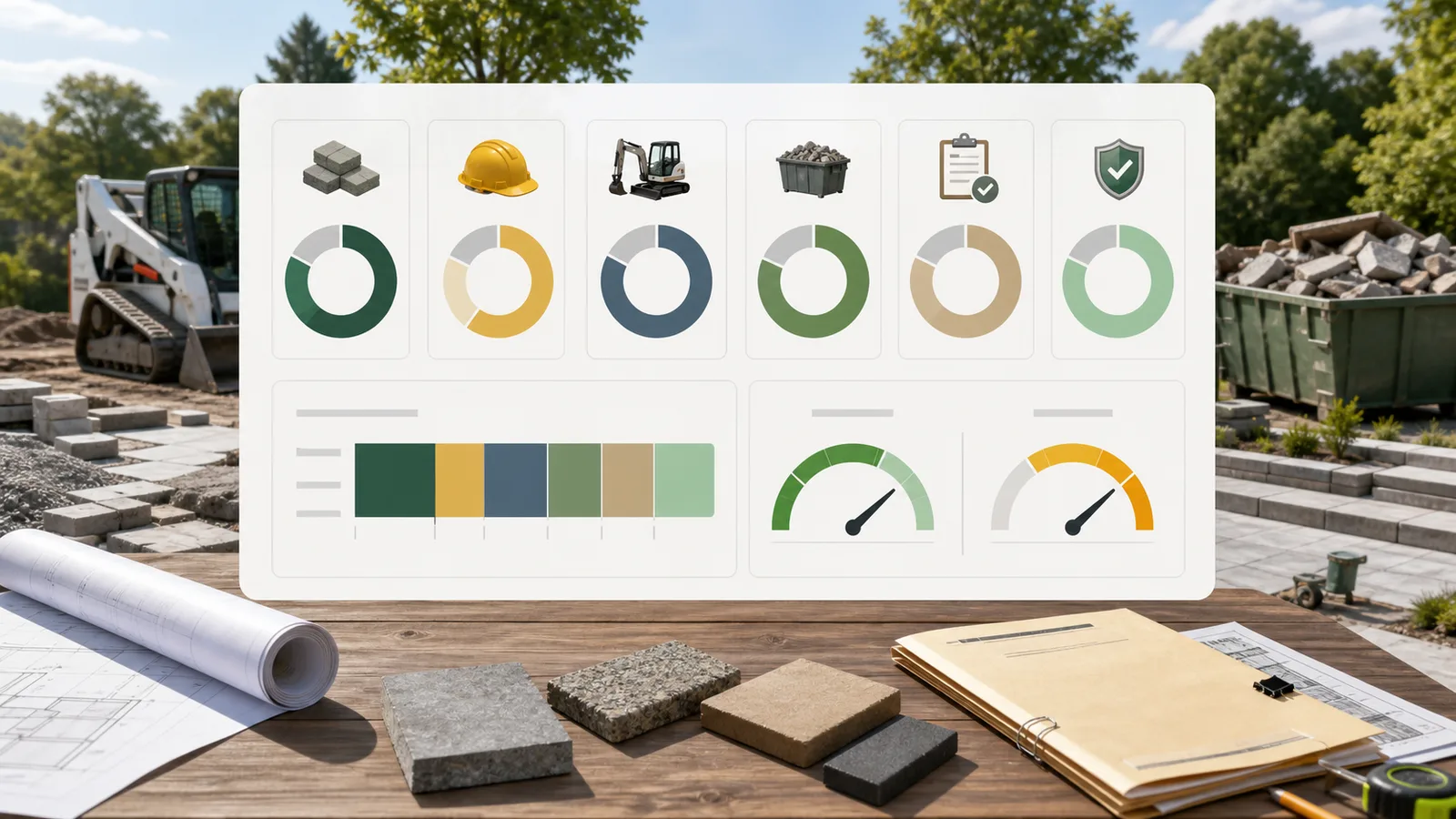 Outdoor Project Cost Simulator report with six outdoor project cost buckets and budget risk gauges