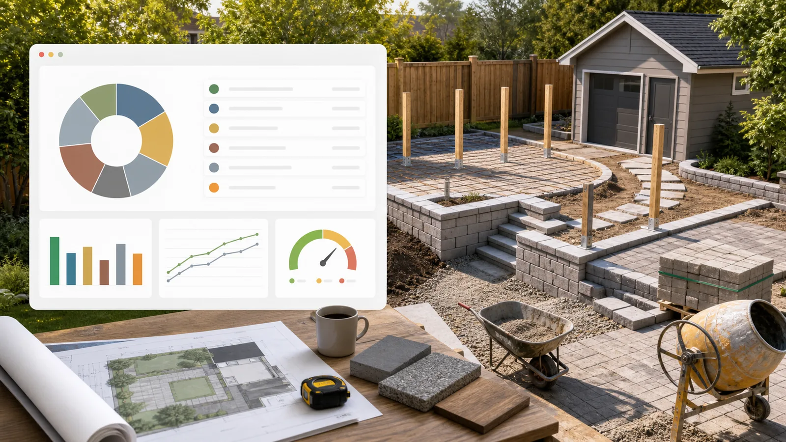Outdoor Project Cost Simulator preview showing outdoor construction materials, labor, equipment, demolition, permits, and contingency budget