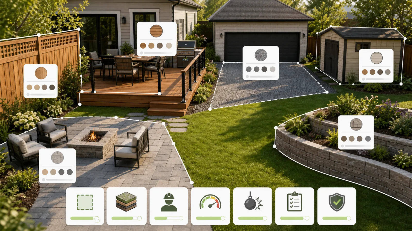 Outdoor Project Cost Simulator setup with fence, deck, driveway, shed, garage, patio, retaining wall, walkway, pergola, drainage, and outdoor kitchen choices