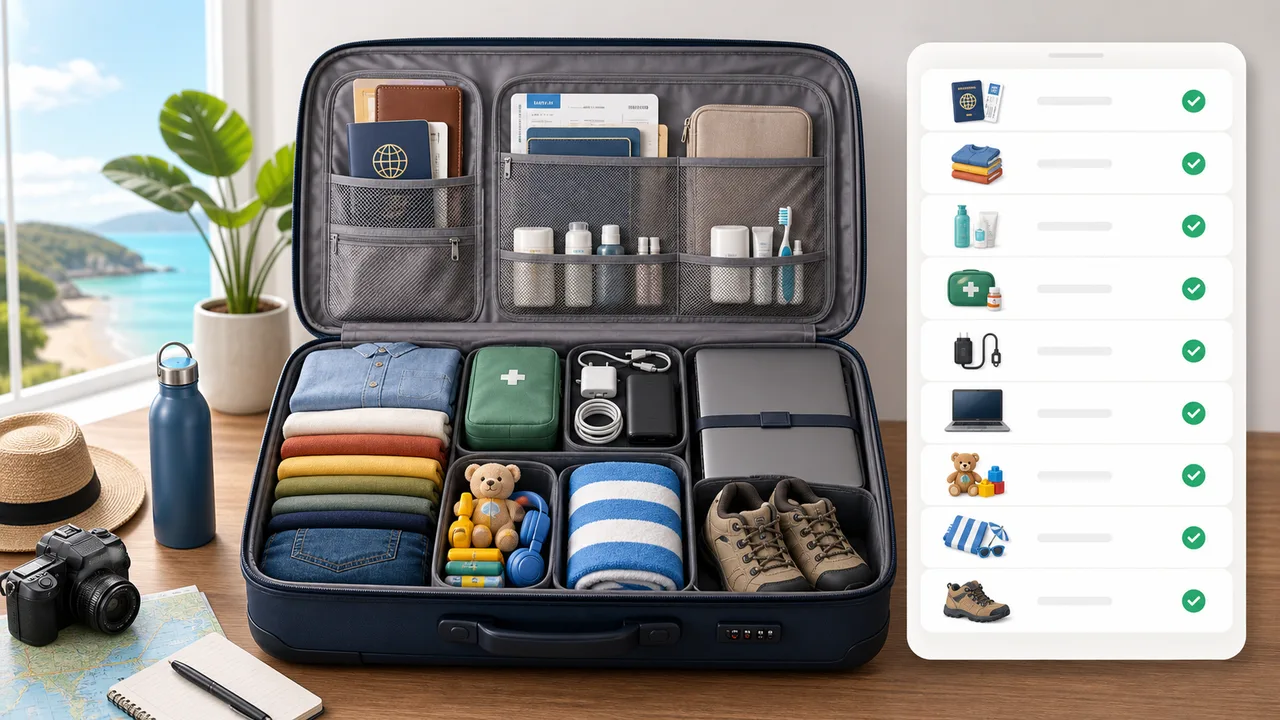Packing List Simulator preview showing suitcase categories, documents, clothes, chargers, toiletries, medicine, beach gear, and outdoor gear