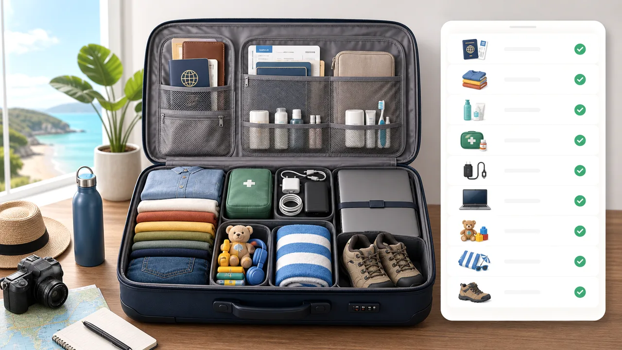 Packing List Simulator checklist with suitcase categories and carry-on items