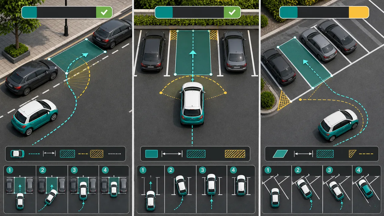 Parking Simulator comparison of parallel parking, perpendicular parking, and angled parking paths
