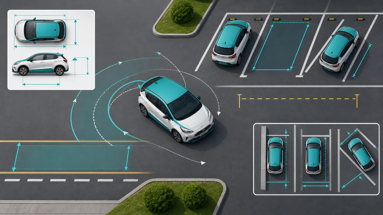 Parking Simulator overview with vehicle dimensions, parking bay dimensions, road width, and turning radius guides