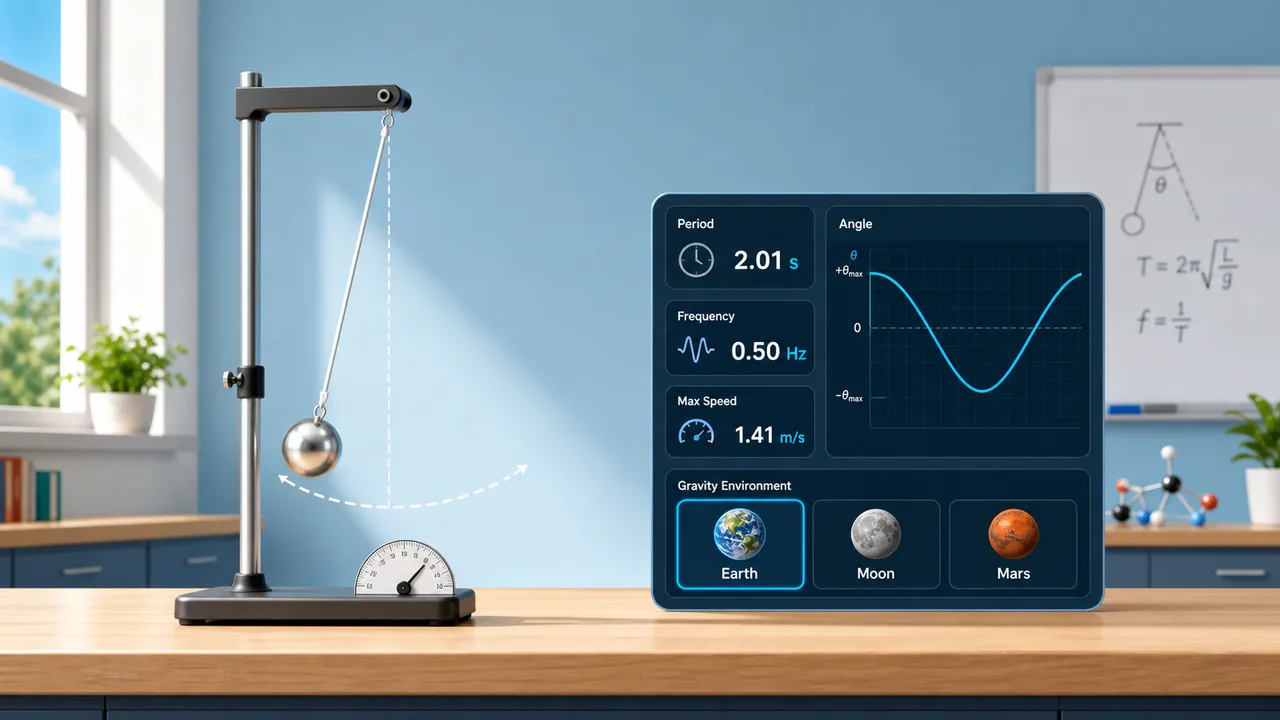 Pendulum Lab Simulator comparison with Earth Moon Mars pendulums, period chart, length effect, and mass test