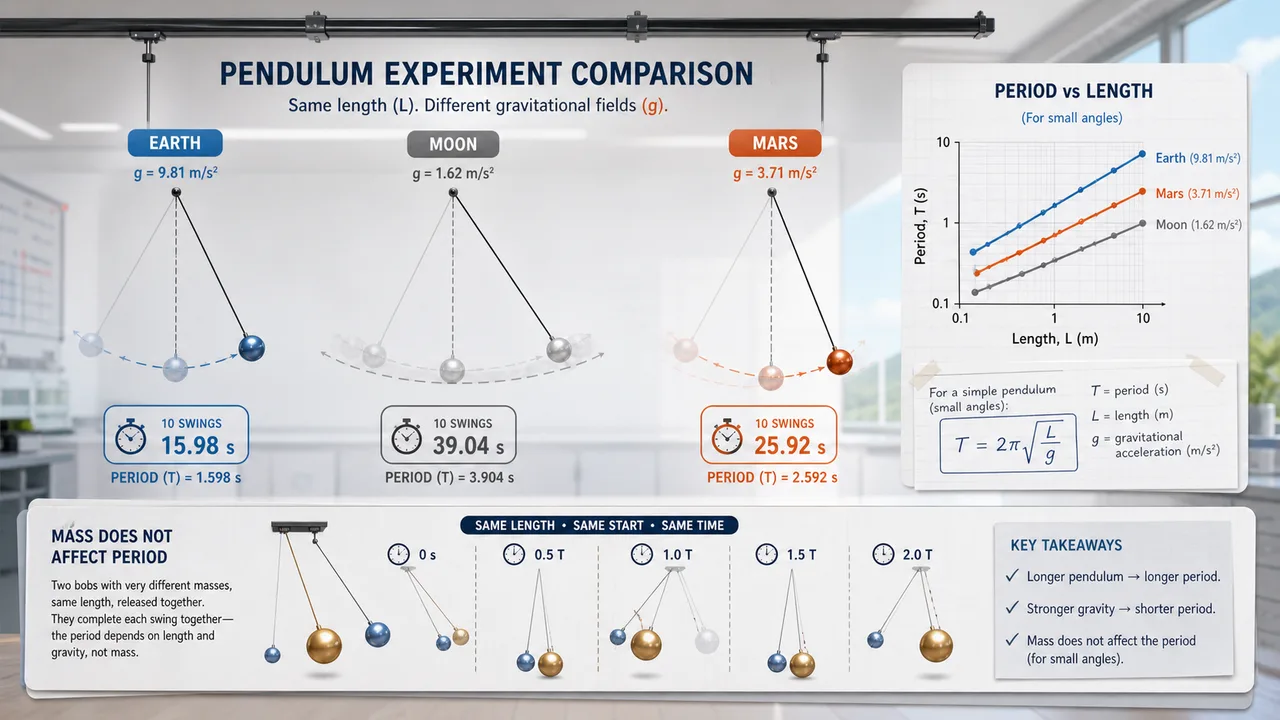 Pendulum Lab Simulator preview showing a swinging pendulum, Earth Moon Mars gravity choices, period cards, and angular displacement graph