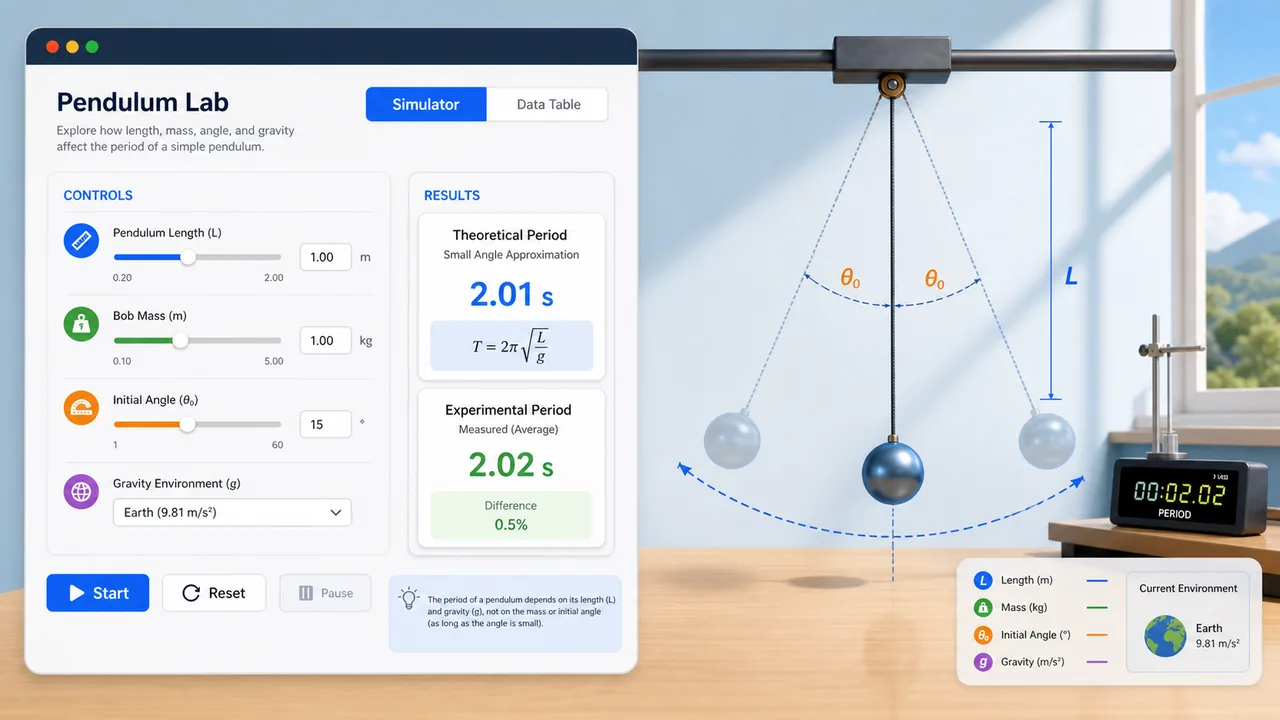 Pendulum Lab Simulator interface with length, mass, angle, gravity controls, swing animation, theoretical period, and experimental period