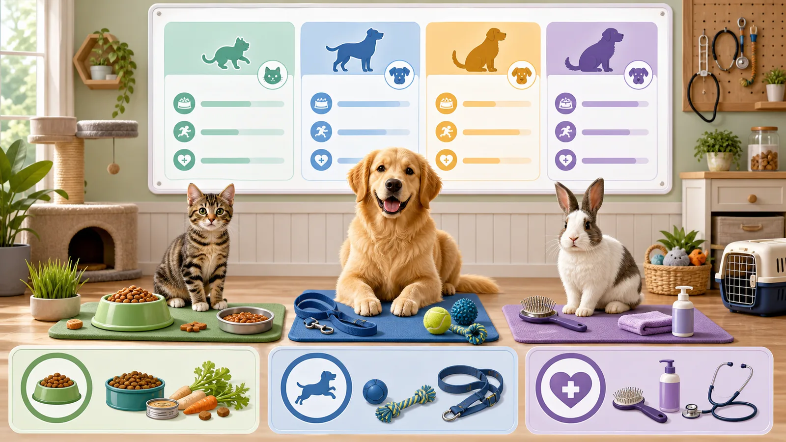 Pet Age Simulator care board with diet, exercise, grooming, and veterinary checkup suggestions for pet life stages
