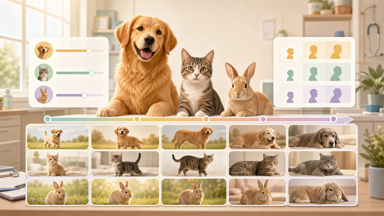 Pet Age Simulator preview showing cat, dog, rabbit age conversion, life stage cards, and care advice